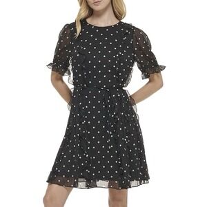 Tommy Hilfiger Women's 14 Black Fit and Flare Chiffon Round Neck Dress Preppy